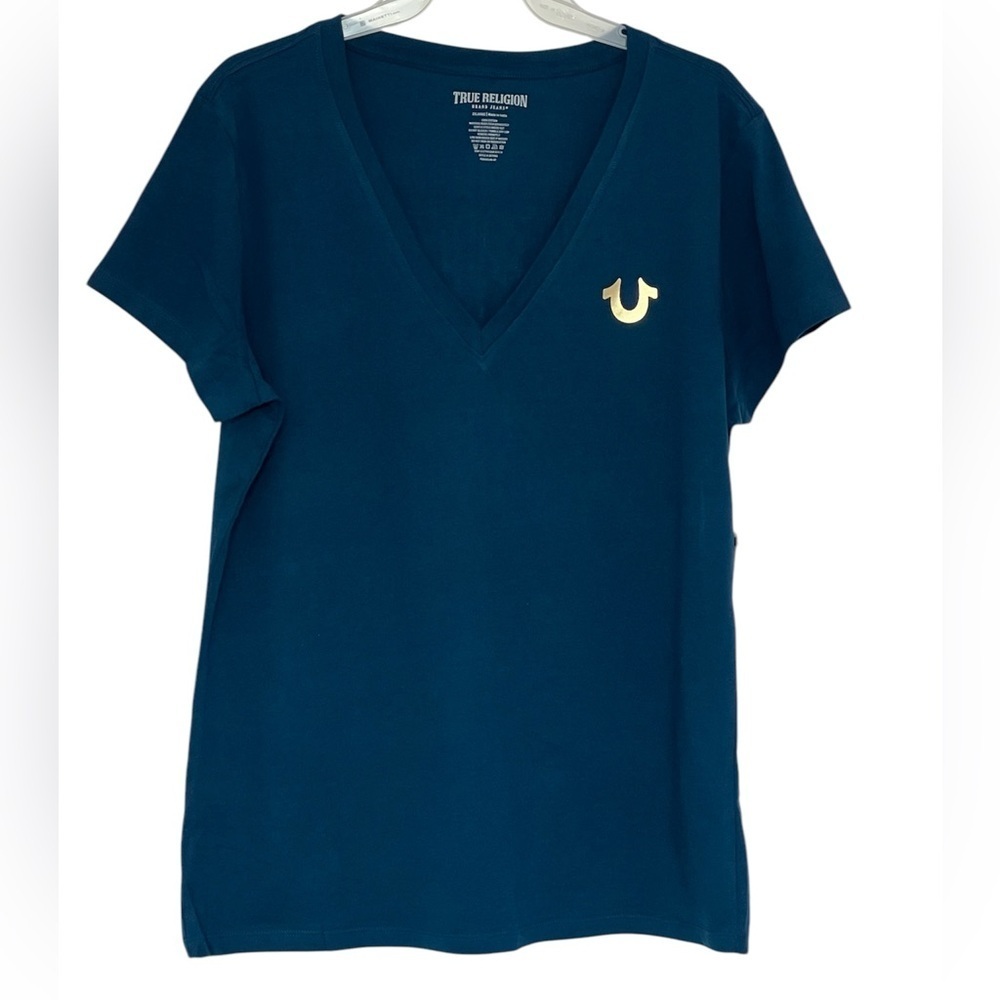 True Religion Blue/Dark Teal V-Neck T-Shirt with Gold Horse Shoe Size XXL